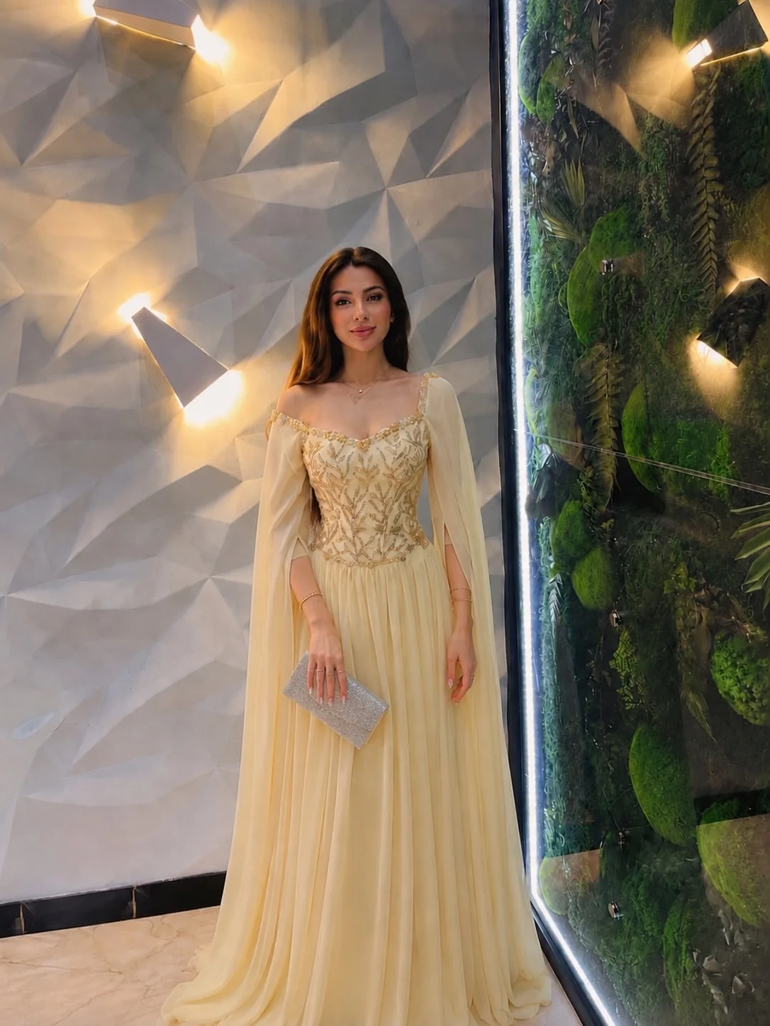 Soft Pale Yellow Evening Maxi Dress Sweetheart Off Shoulder Neck Detachable Cape Flared Long Sleeve Bodice Gold Leaf Thread Embr
