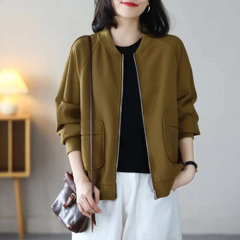 

2025 Korean Style Waffle Jacket Women's Loose Casual Versatile Spring Autumn Long Sleeve Ruffled Collar Zipper Baseball Coat