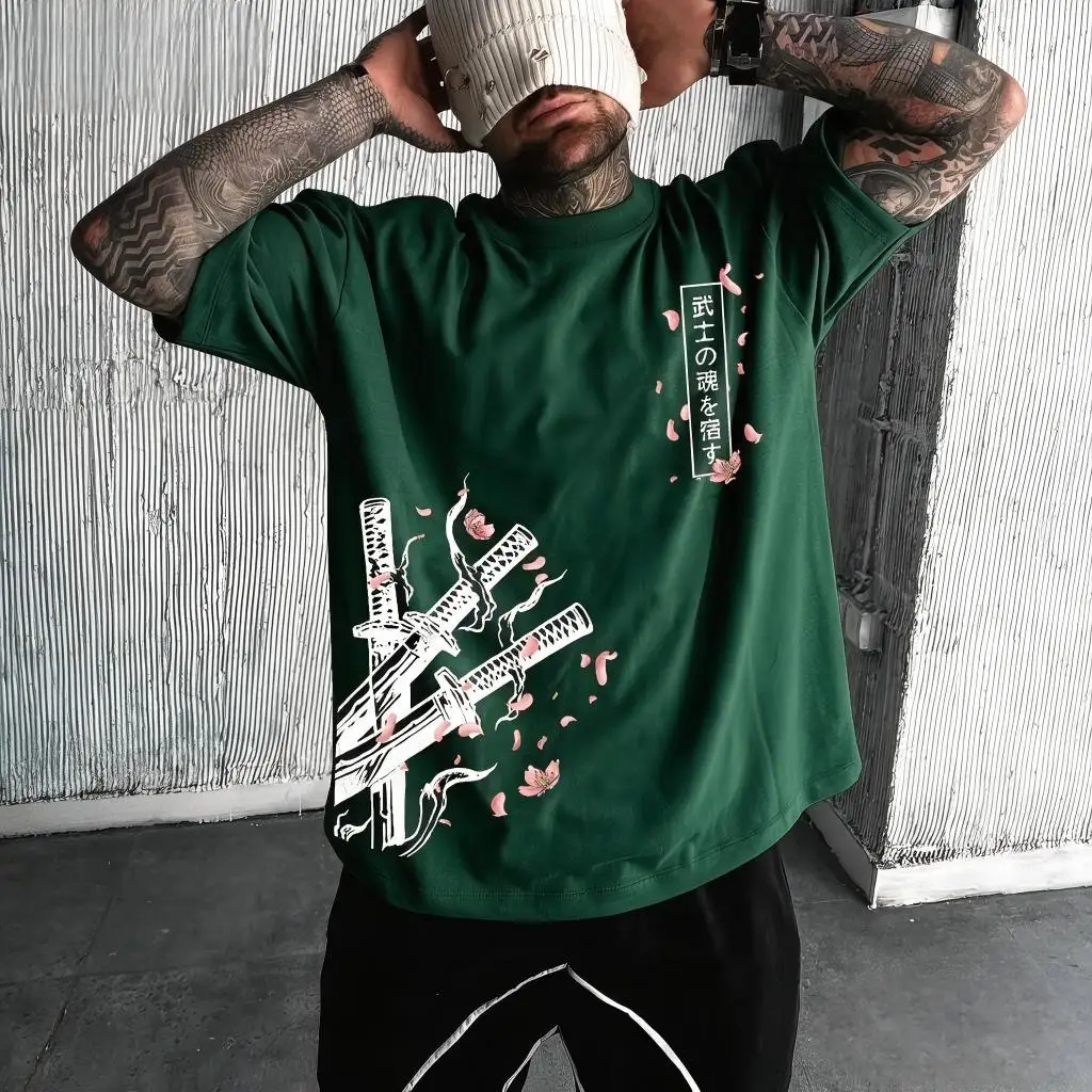 American men's summer cherry blossom samurai sword letter print soft and breathable round neck T-shirt outdoor casual top