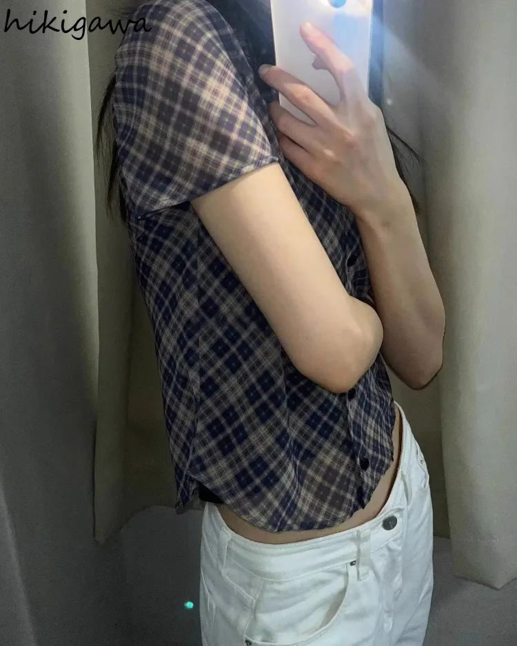 Camisa Coreana De manga corta para Mujer, blusa Vintage a cuadros De gasa, Tops cortos, blusa Sexy transparente para verano