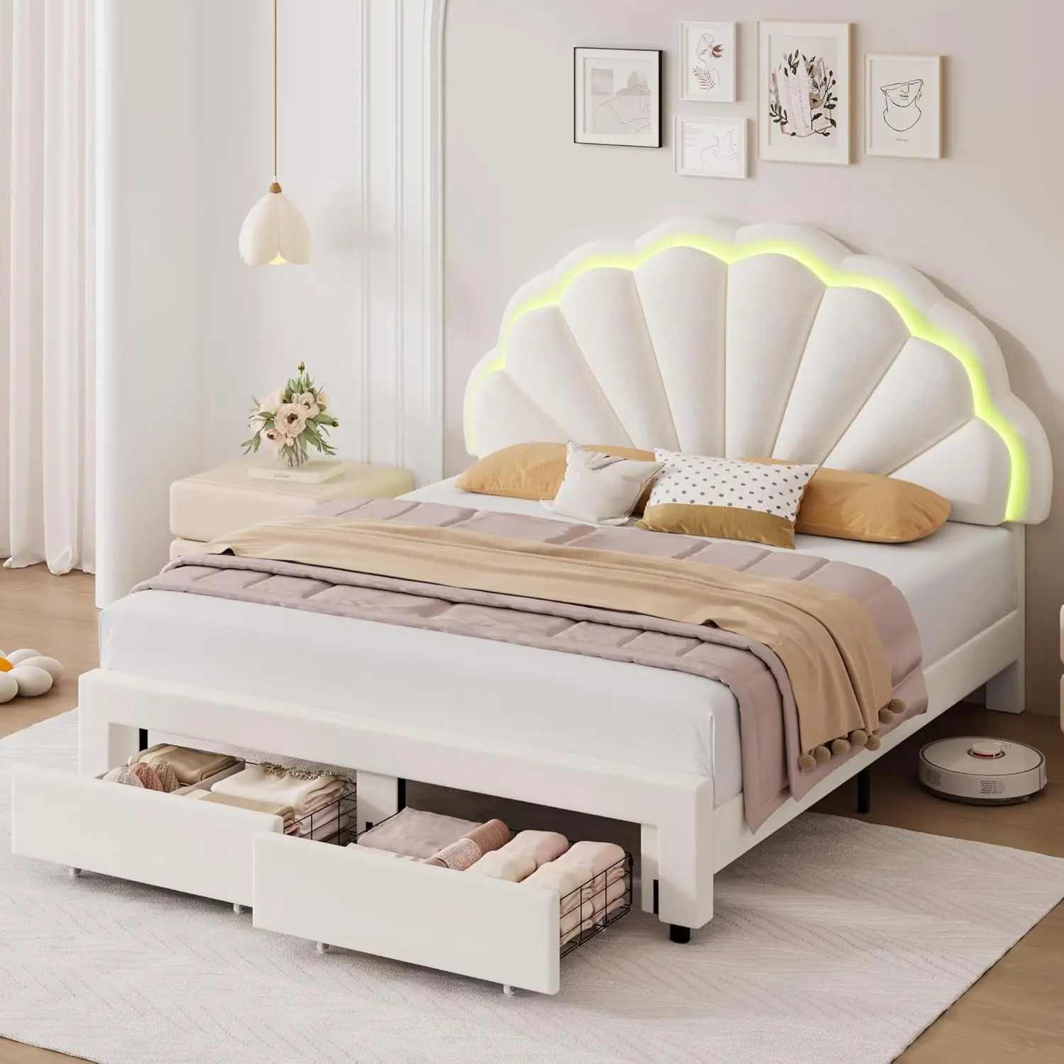 Marco de cama LED inteligente tapizado Queen con 2 cajones de almacenamiento y cabecero de doble pétalo elegante ajustable, plataforma Princess de terciopelo