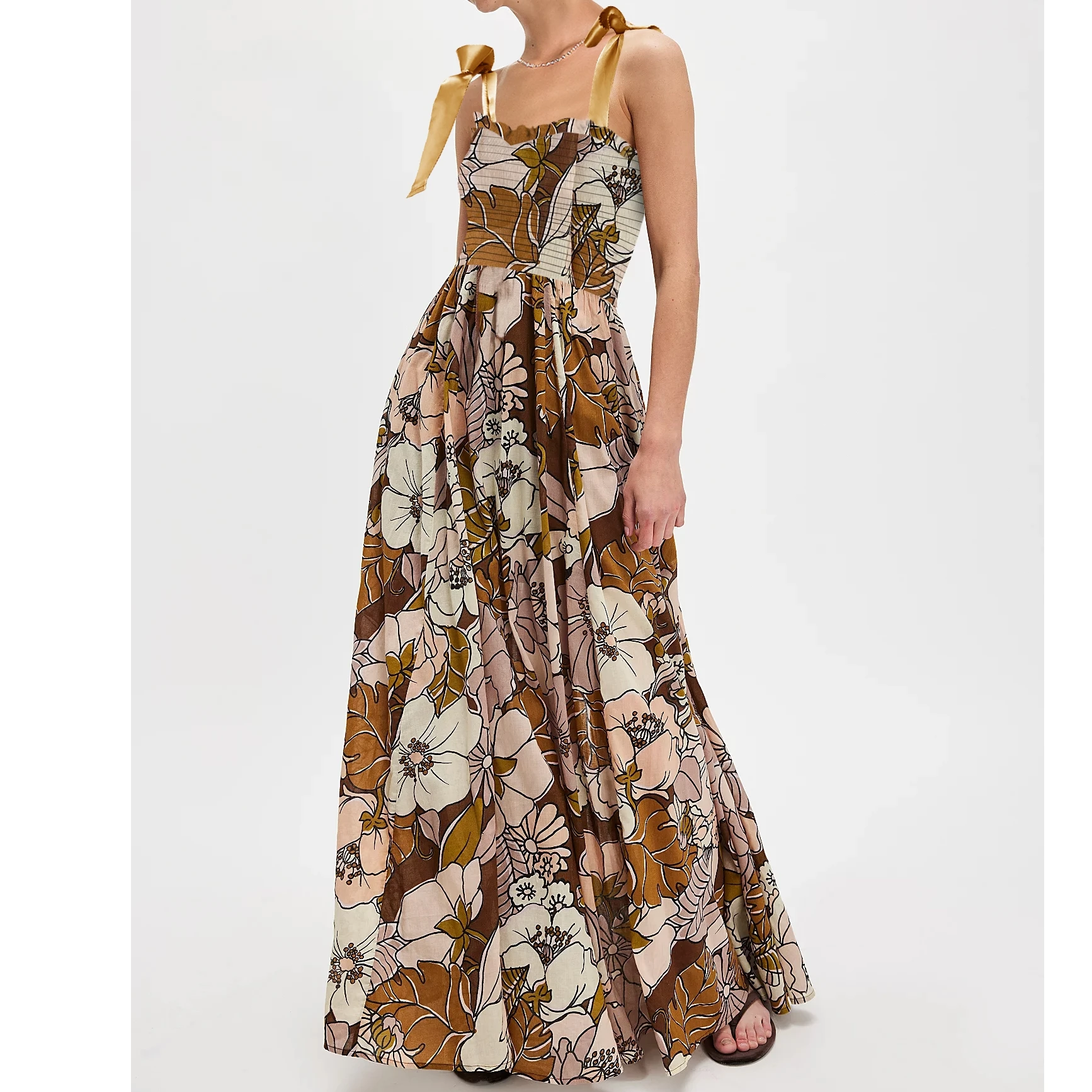 Abito da donna con spalline allacciate Abito estivo senza maniche con scollo a cuore Abito con stampa floreale Abito lungo smock