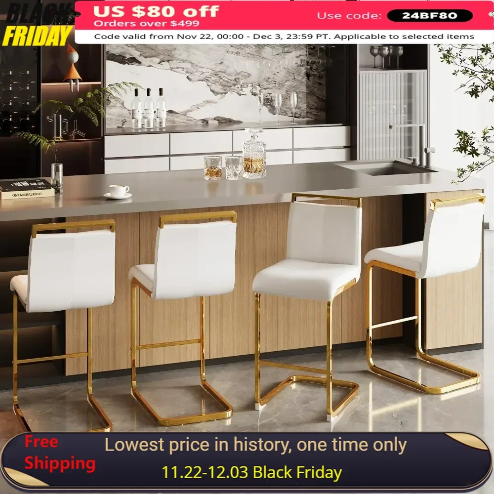 

Bar Stool Set of 4, 24" Island Chairs with Gold Chrome Plated Metal Leg, Faux Leather Barstool