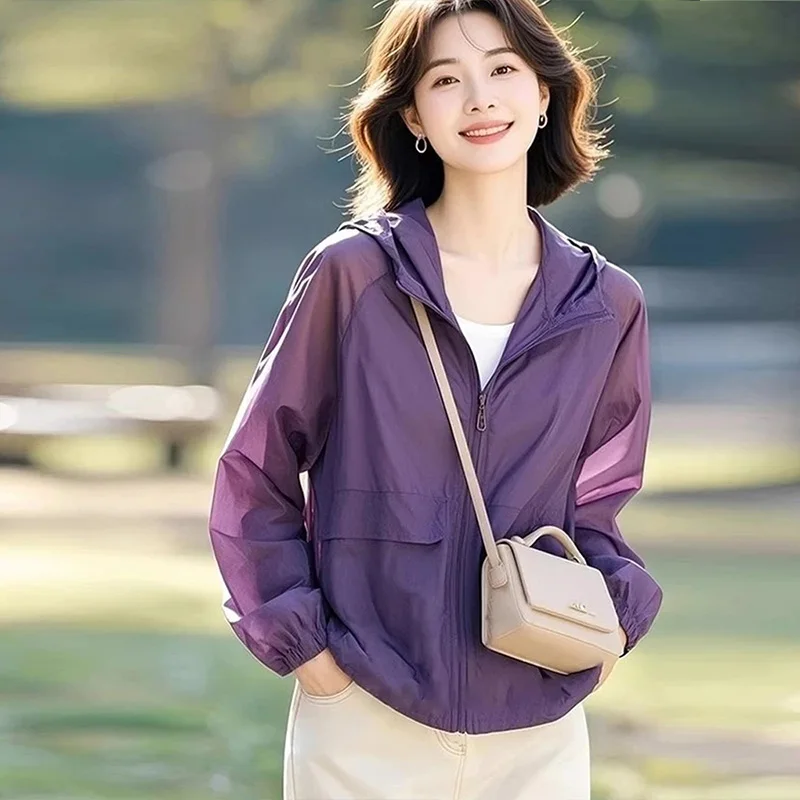

Faionable Purple Ice Silk Cool Feeling Hooded ort Length Air Conditioning Women's irt Summer New Design Breathable Poly...