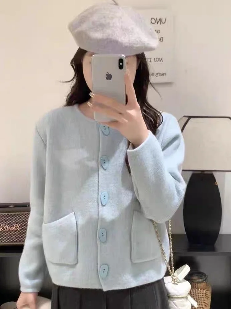 

Высококачественный тяжелый кардиган на пуговицах, женская верхняя одежда небольшого размера, круглый трикотаж Ne Color, повседневный Sle