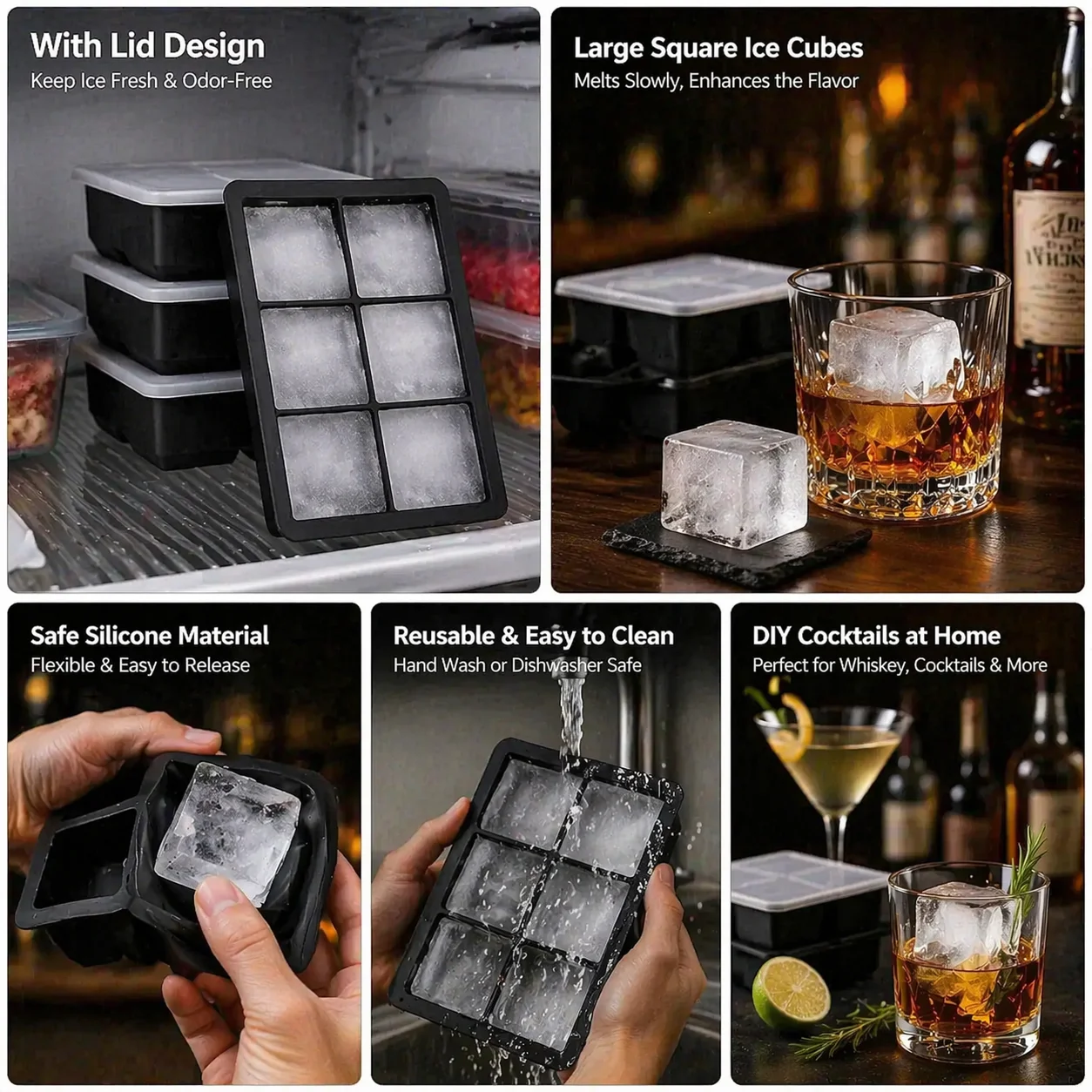 Safe Silicone Ice Cube Molds with Lid Spherical Ice Molds Reusable Whiskey Ice Cube Molds Cocktail Freezer DIY Homemade Barware