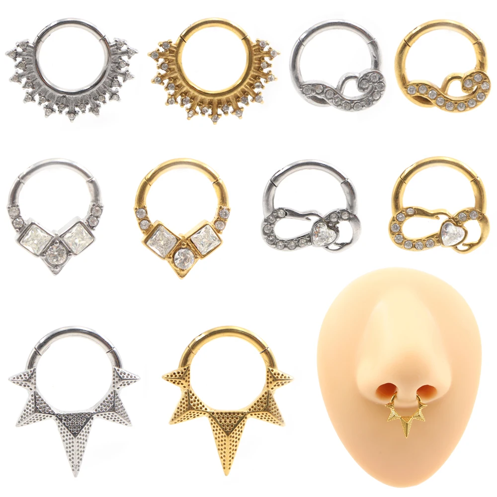 1 pièce Anneau de piercing en acier inoxydable avec zircon triangulaire, conique, en forme de cœur ou carré, pour nez, oreille, tragus, cartilage, hélix