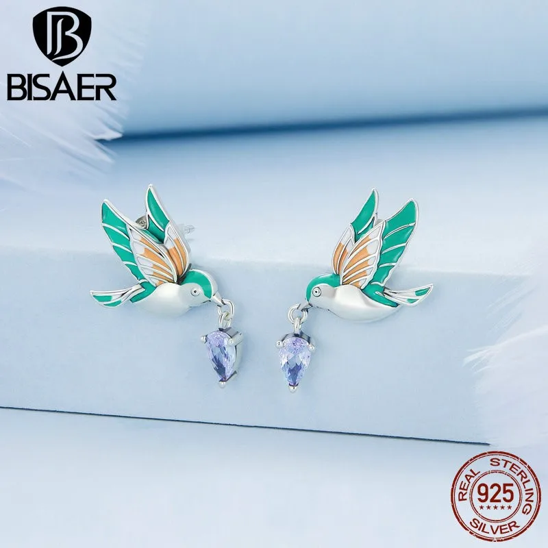 BISAER 925 Sterling Silver Colorful Kingfisher Stud Earrings Purple Zircon Delicate Bird Ear For Women Original Fine Jewelry