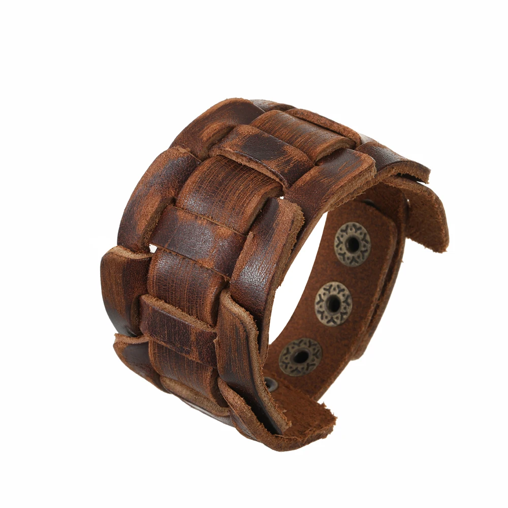 Pulseira de couro larga elegante com punhos largos marrons e pretos pulseira punk vintage joias masculinas clássicas e versáteis