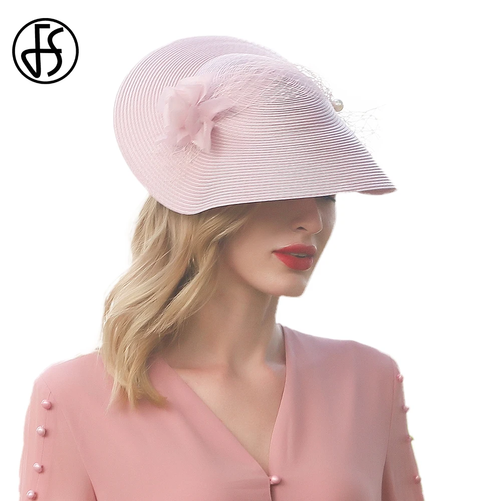 

FS Fascinator 2024 Pink Pillbox Hats For Women Wedding Tea Party Caps Wide Brim Kentucky Fedora Ladies Cocktail Church Derby Cap