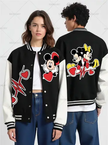 Pareja Disney Mickey Minnie Mouse hombres mujeres chaqueta de béisbol Otoño Invierno moda abrigos polar cuello redondo ropa de calle sudaderas con capucha Tops