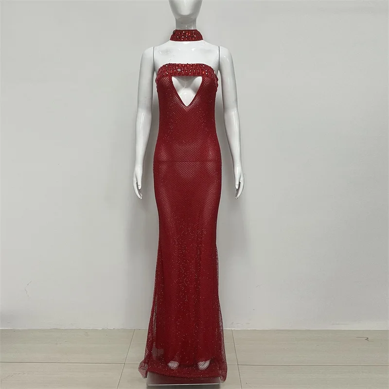 

Luxury Crystals Red Prom Dress With Necklace Strapless Sleeveless Mermaid Party Gown Formal Wedding Guest Birthday Evening Robe