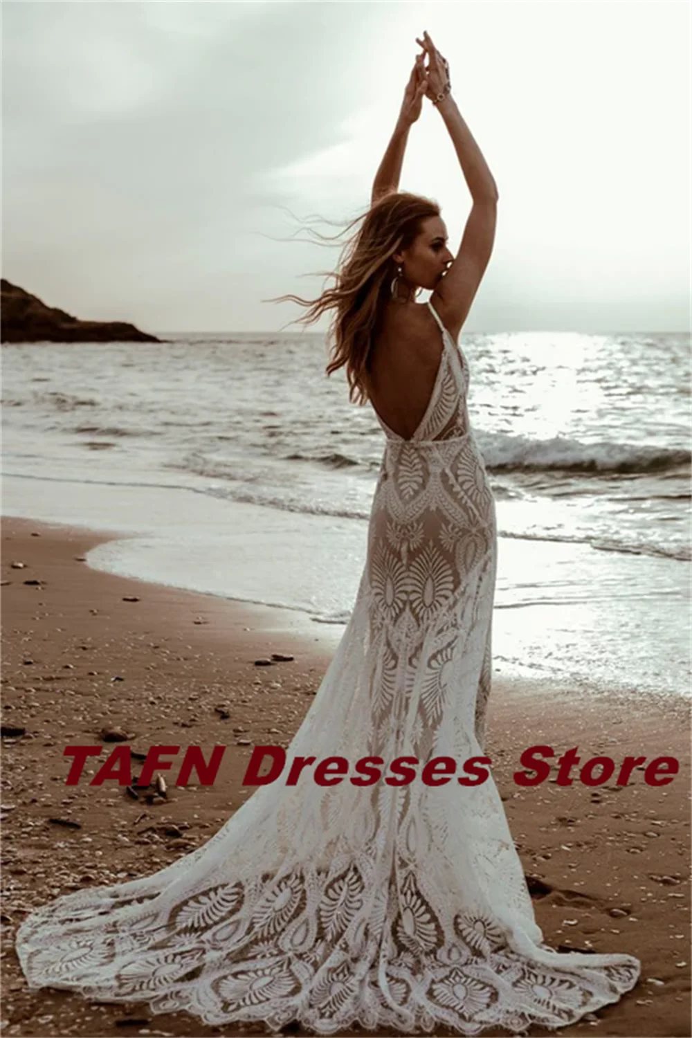 TAFN-Bohemian Wedding Vestidos com Spaghetti Straps, V-Neck, sem mangas, Backless, Bridal Gown, Sweep Train, A-line, Praia