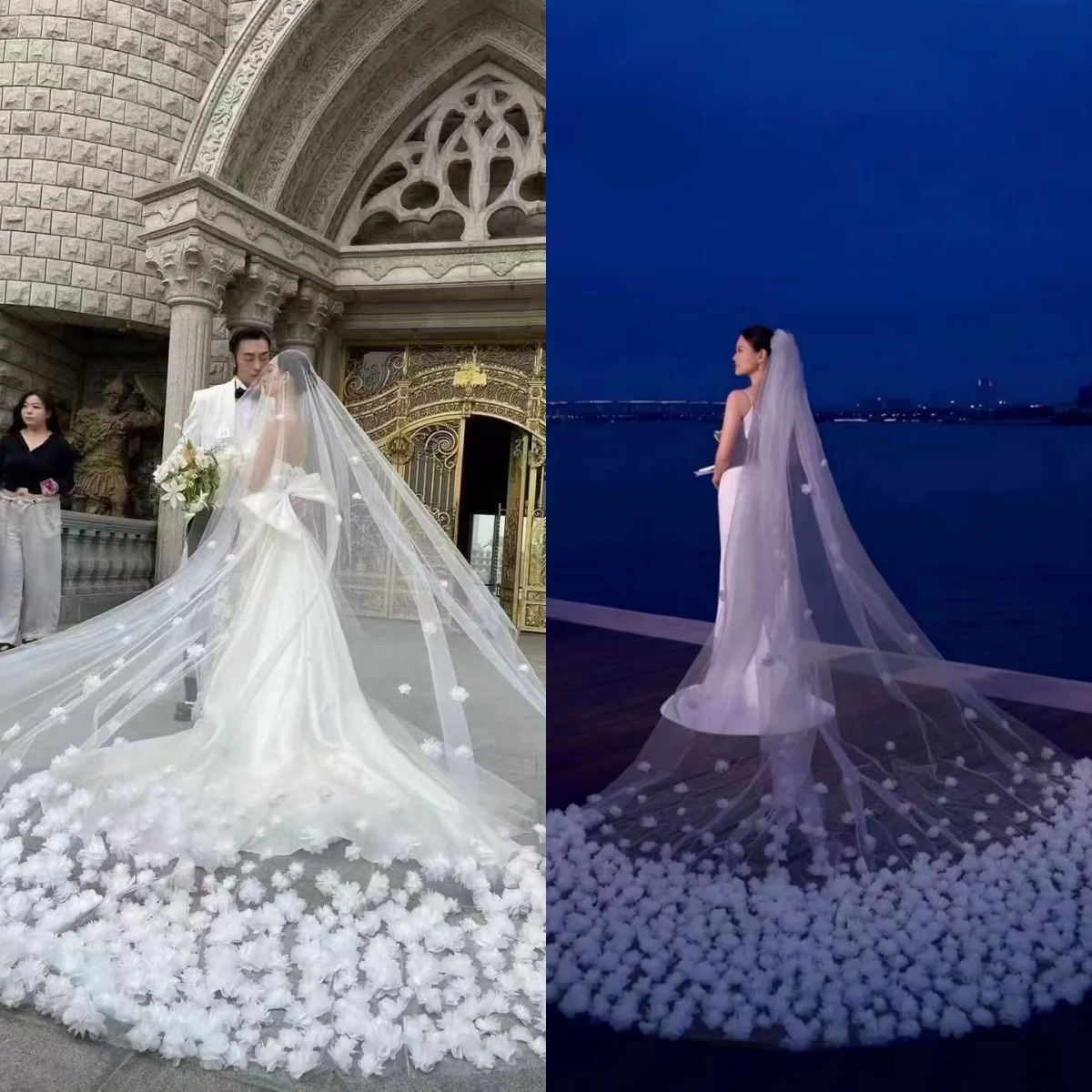 

Gorgeous Wedding Veil Handmade Flowers One Layer Cathedral Length Veils Applique Edge For Bridal Accessories Customized