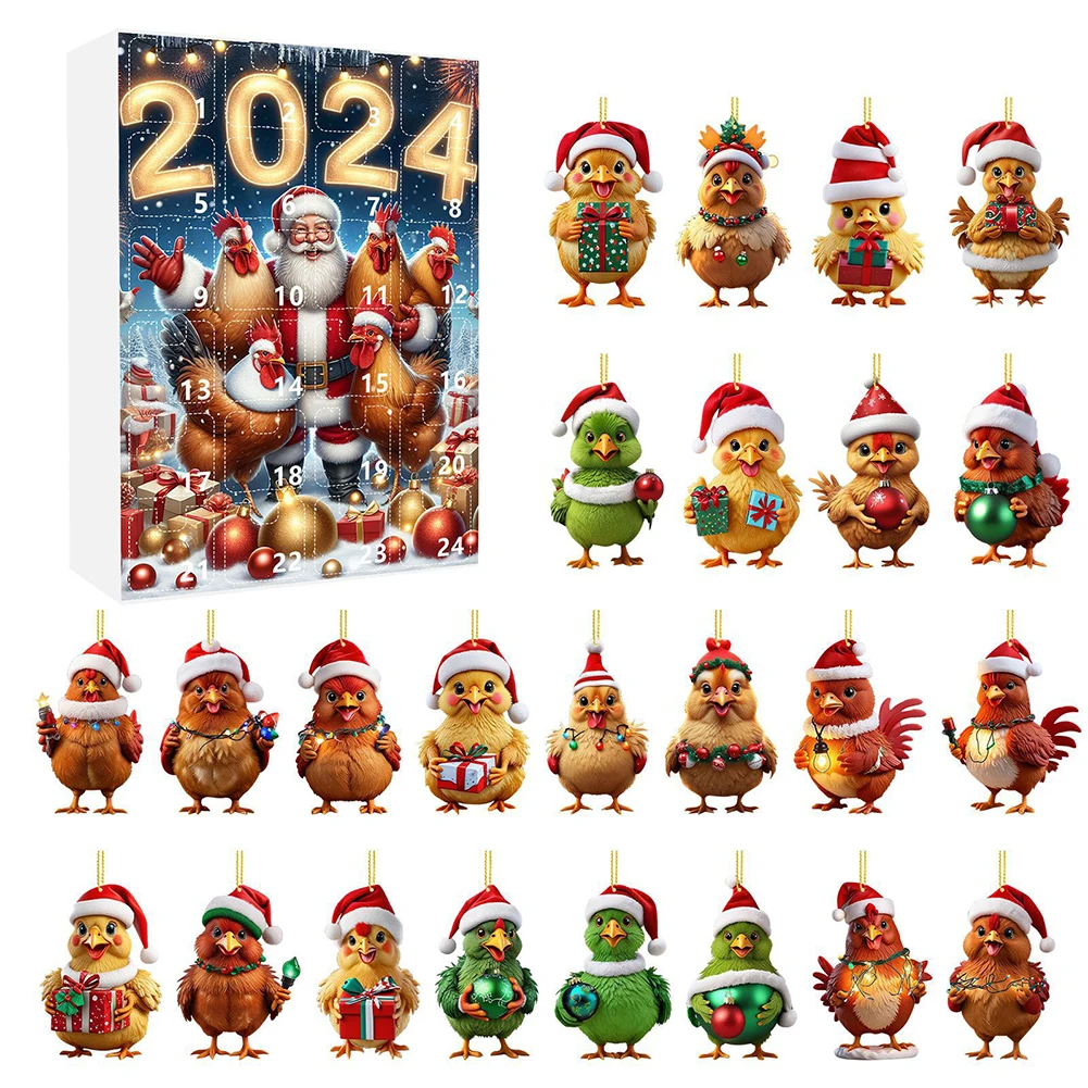 Chicken With Santa Hats Christmas Advent Calendar with 2D Acrylic Set Hanging Ornaments Advent Calendar For Holiday Surprise