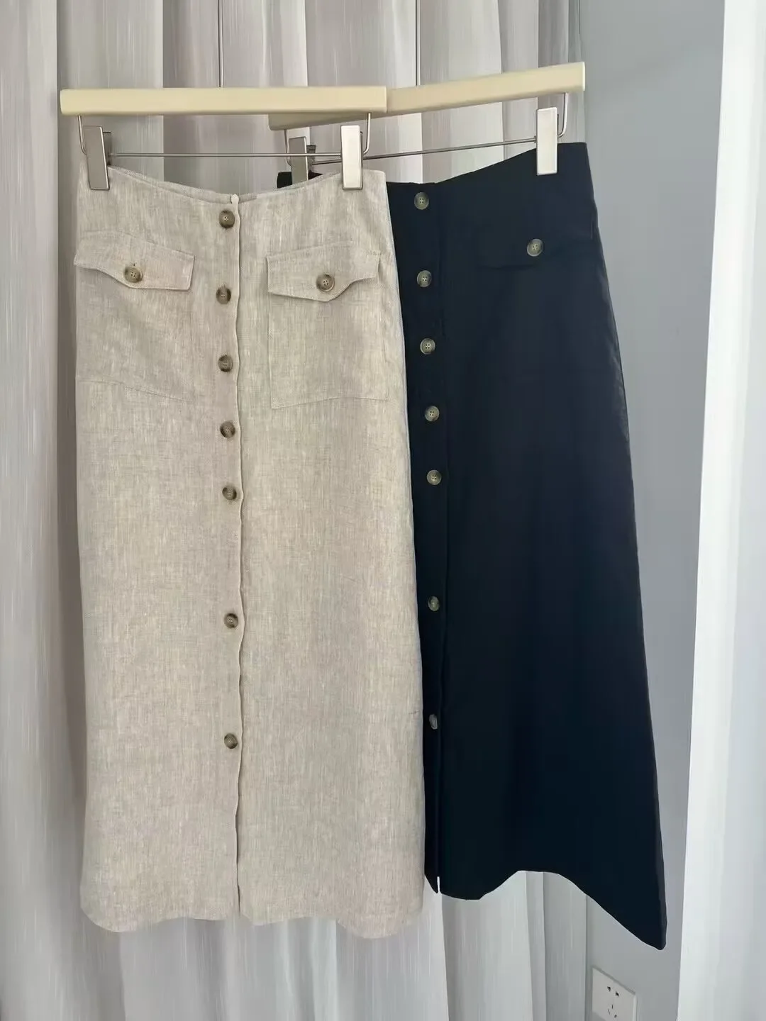 100% リネン女性カジュアルミディスカート 2 色シングルブレストハイウエストストレートファッションレディースジュープ