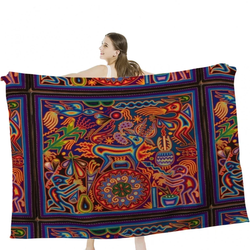 Huichol Throw Blanket Soft Velvet Blanket Camping Bedding Blanket Cold Cinema or Travel