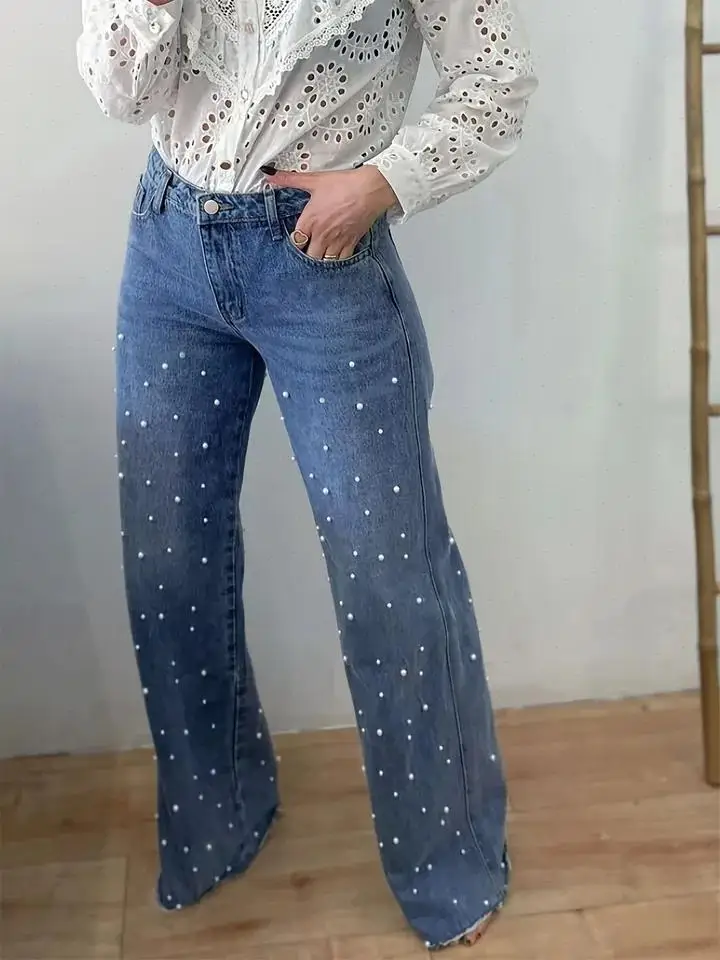 Jean Full Length Straight Jean Women Denim Washed Loose Fit Pockets Casual Spliced Pearls High Strech 2025 Autumn Solid