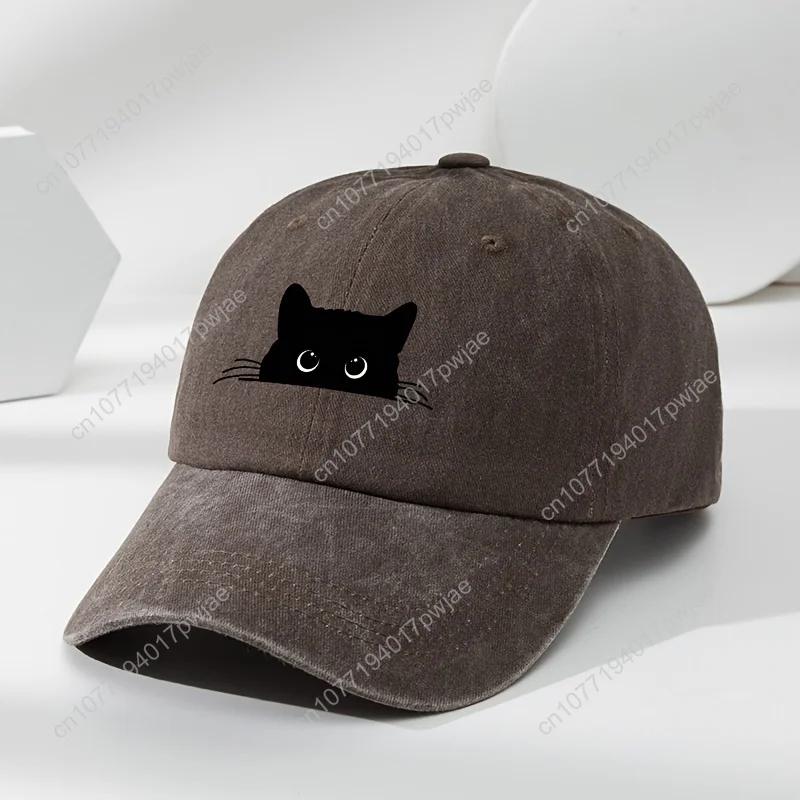 黒猫の頭がプリントされたアウトドアメンズウォッシュドベースボールキャップ、スポーツやレジャー用のヴィンテージスタイルのダックビルキャップ。