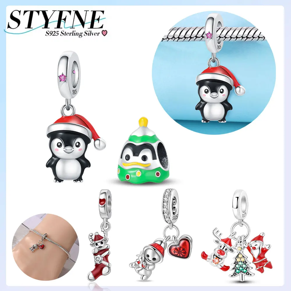 925er Silber vergoldet, Original-Charms, Weihnachtsserie, Pinguin, Schneemann, Socken, Perlen, passend für Armbänder, Damenschmuck, Geschenk