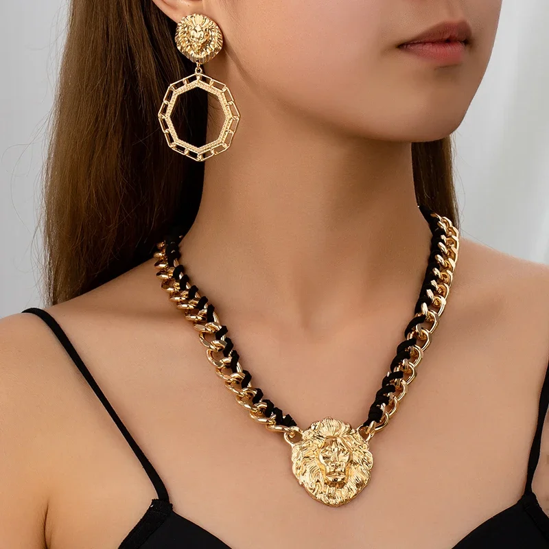 2PCS Fashion Lion Head Necklace Earrings for Women Party Punk Jewelry Set Female Gold Color Geometric Ear Accessories