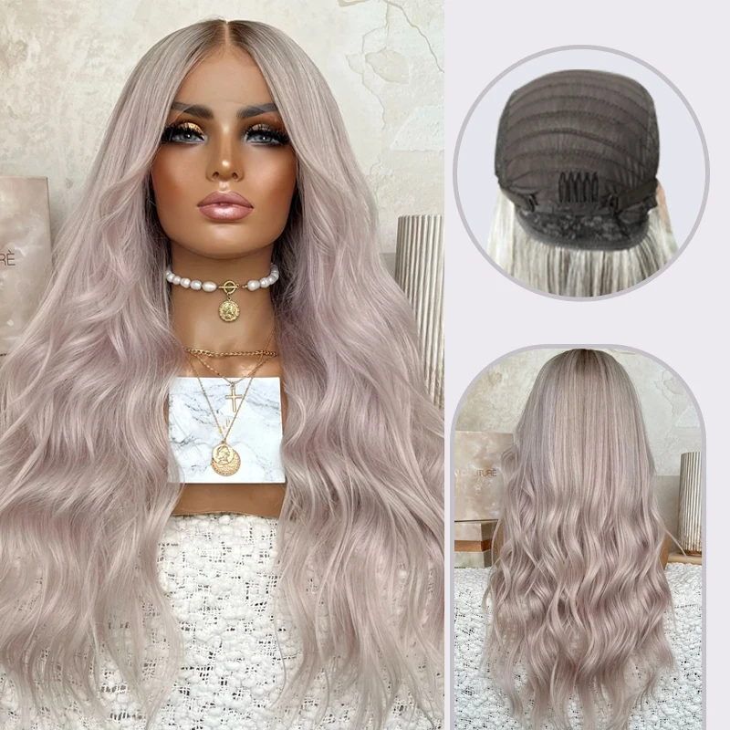 Natural Light Ash Root With Few Foils Through Top Section Lace Front Wigs Real Synthetic Hair 13x4Lace Frontal Wig Wavy PartyUse