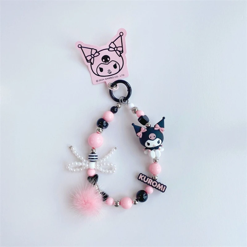 Sanrio-serie grijze en roze kralenketting sleutelhanger schattige Kuromi My Melody rugzak decoratieve hanger kinderspeelgoed verjaardagscadeau