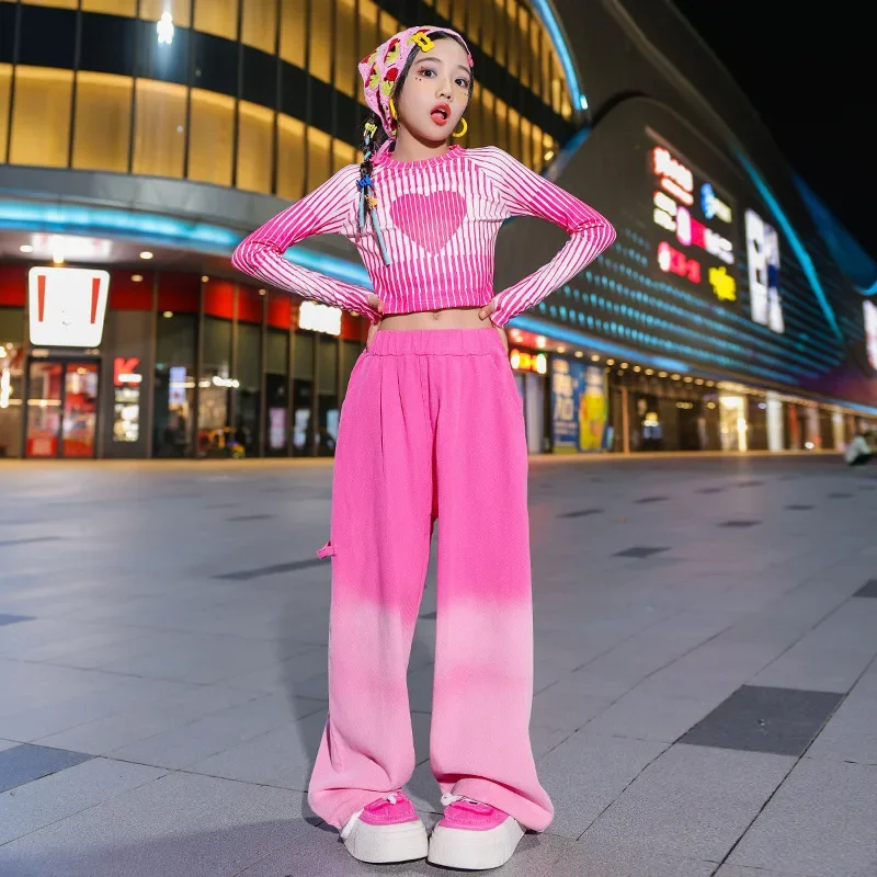 Neue Mädchen rosa Jazz Tanz Kostüm gestreifte Tops Baggy Pants Hip Hop Kinder Performance Anzug Rave Outfit Teenager Street Dance wear