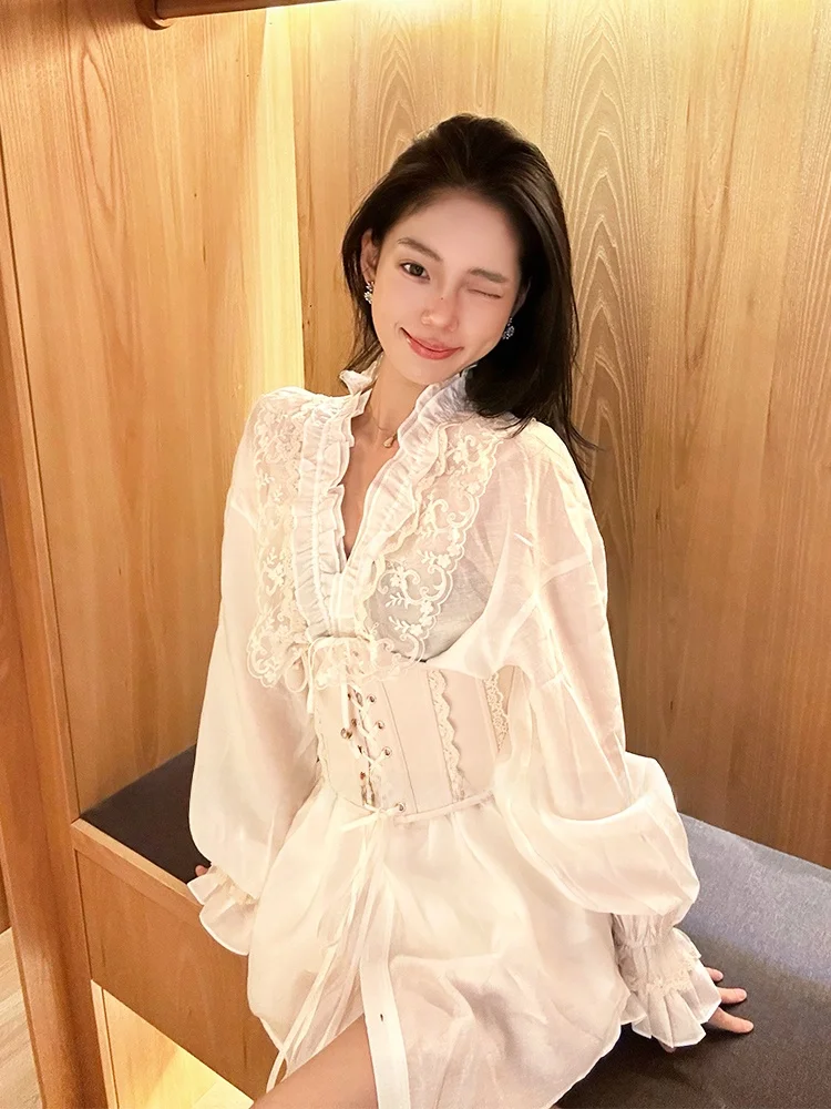 

Сексуальный комплект с высокой талией, V-образным вырезом и длинными рукавами, с кружевной отделкой и поясом на талии для женщин.