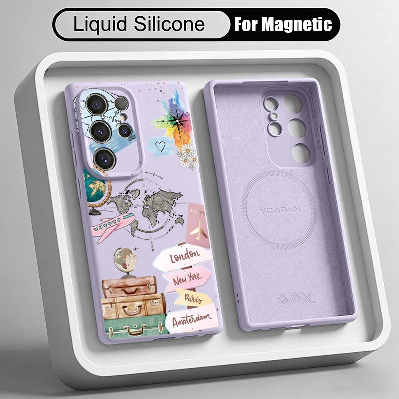 Travel Map Pattern Liquid Silicone Magnetic Phone Case For Samsung Galaxy S26 S25 S24 S23 S22 Ultra Plus For Magsafe Soft Cover
