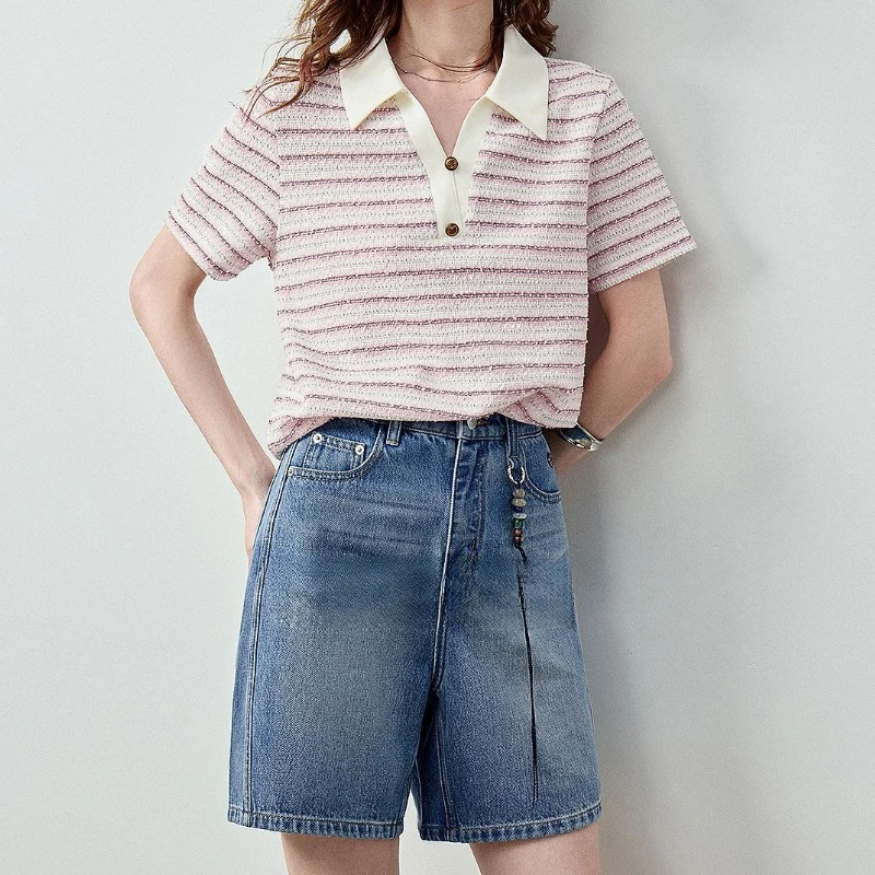 

Women's 2026 Summer New Cross Color Polo Shirt with Thick Stripe Top