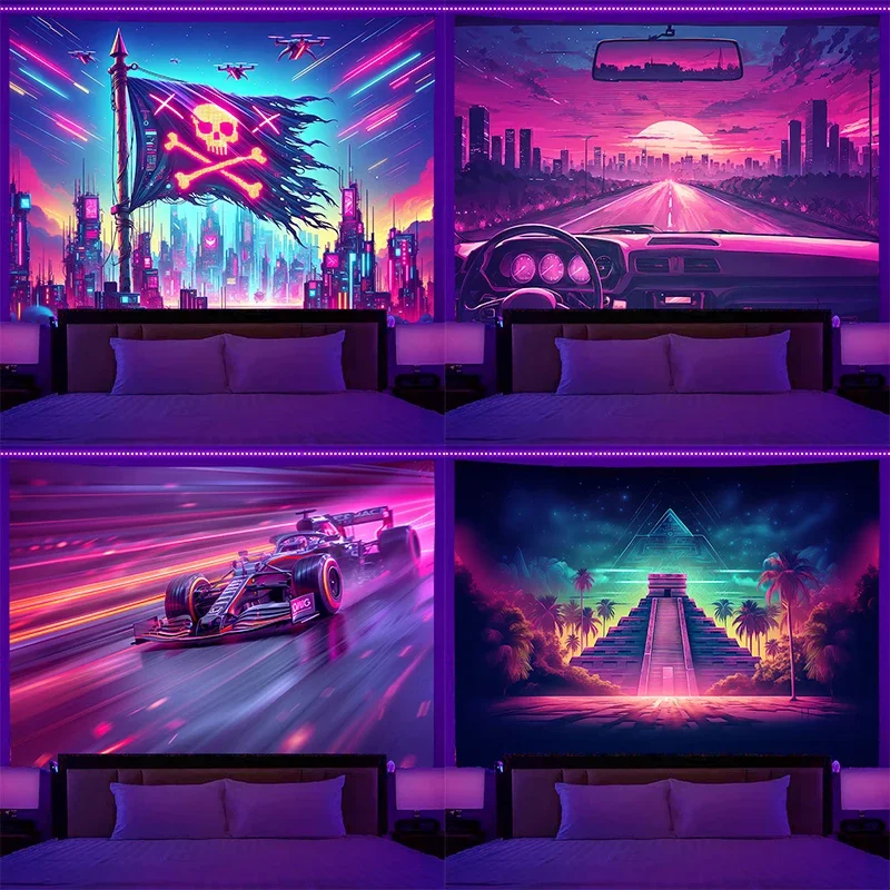 Fluorescent Wall Hanging Dream City Block Racing Pyramid Starry Sky Tapestry Bedroom Room Aesthetic Decorative Background Cloth