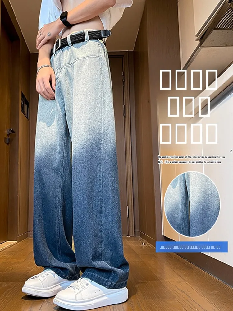 

Красивые джинсы из ледяного шелка, мужские летние тонкие брюки в американском стиле High Street Design, прямые длинные брюки-трубы