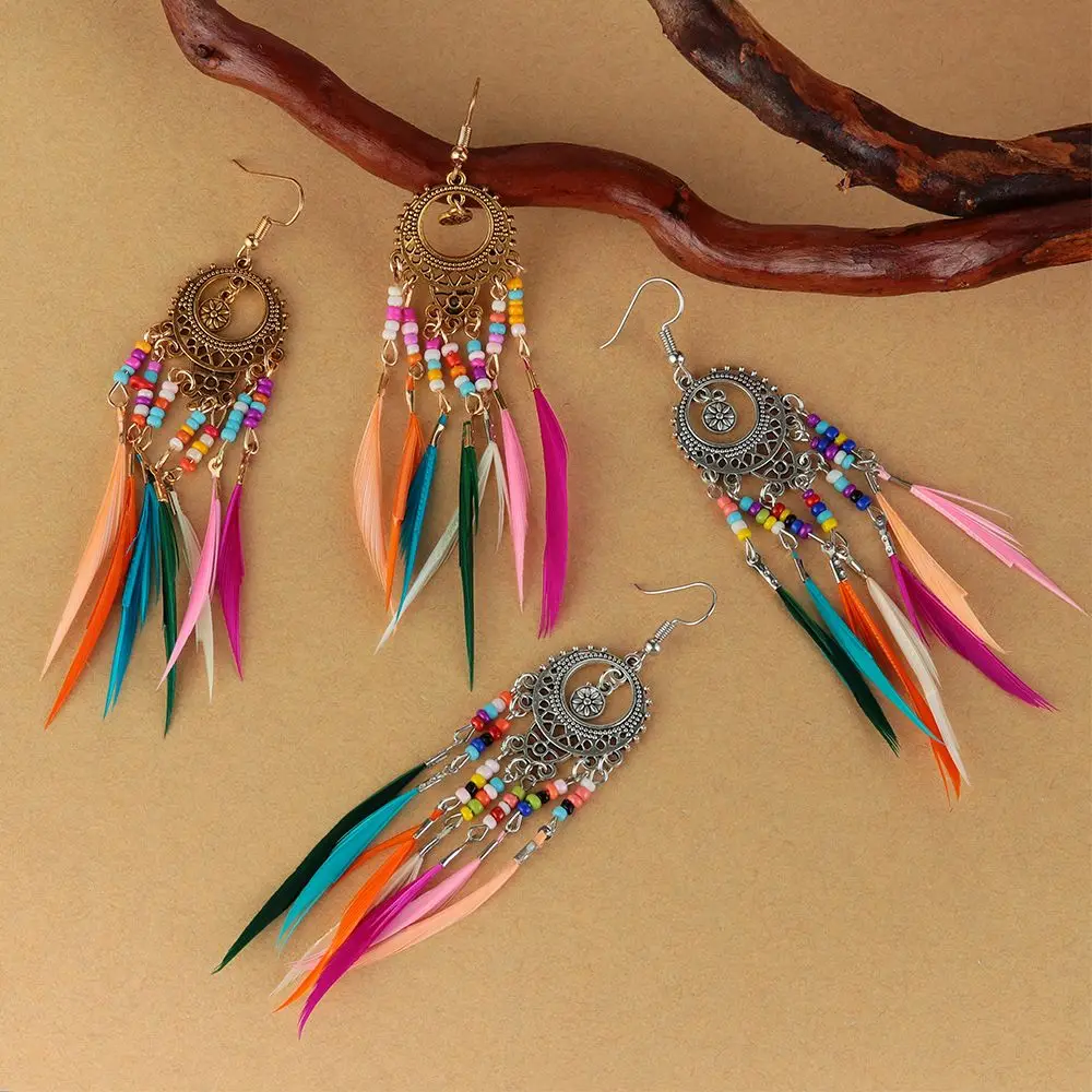 Jewelry Boho Vintage Ethnic Women Female Feather Dangle Drop Earrings Golden Silver Rainbow Beads