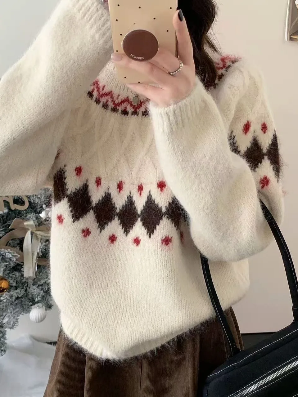 

Korean Sle Lazy Loose Knitted Sweater Women's Outerwear Winter Top Floral Pattern Youthful Feeling Faionable Girl's Knitwear