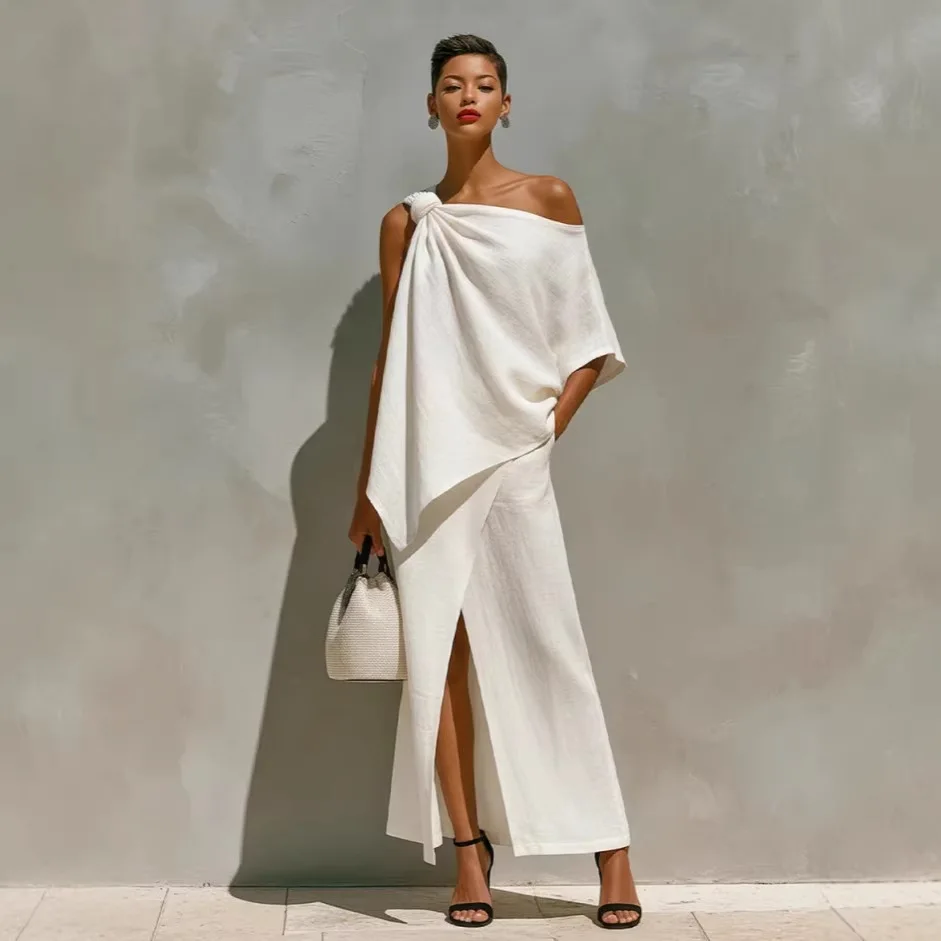 

Summer Irregular Two-Piece Set for Women One Shoulder Draped Knotted Top + High Waist Wrap Split Skirt Elegant Vacation Outfits