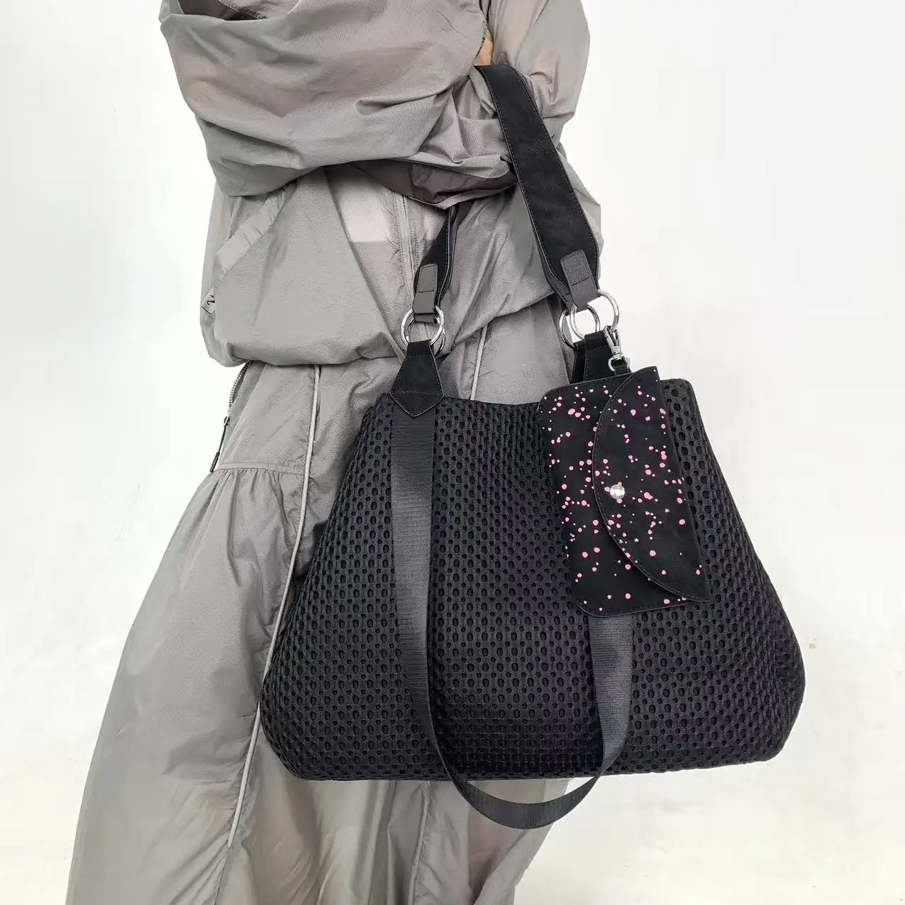 Women Black Mesh Tote Bag Set, Large Capacity Breathable Hollow Out Shoulder Bag with Detachable Pink Dotted Mini Purse view 3