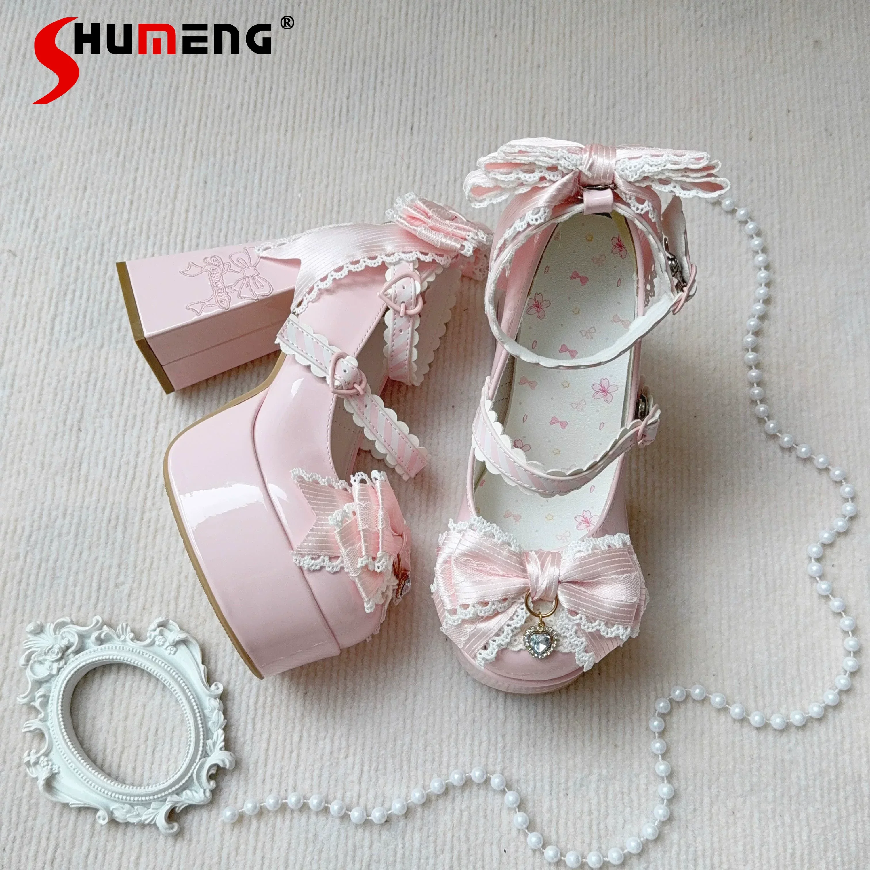 

Original Japanese Style Sweet Cute Princess Elegant Versatile Lolita Shoes Lace Bow Pink Pu Super High Heels Pumps for Women