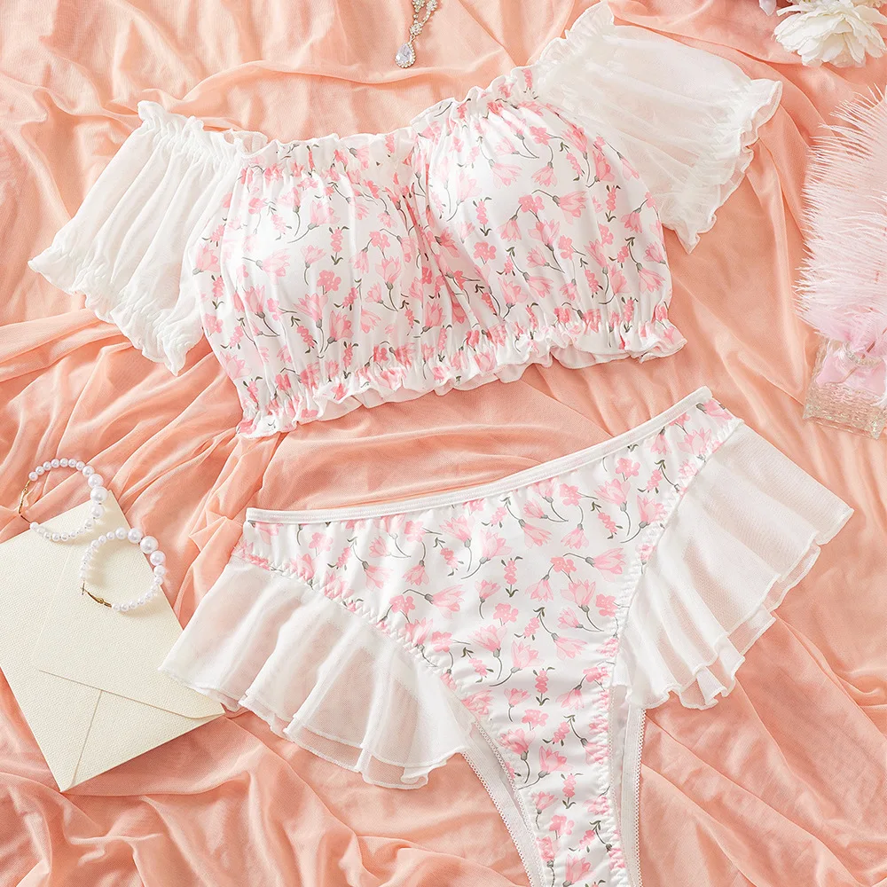 

Lovermore Sexy Lingerie Set Fancy Off Shoulder Bra 2 Pieces Sets Ruffles Women Underwear Tulle See Through Fairy Bikini Lingerie