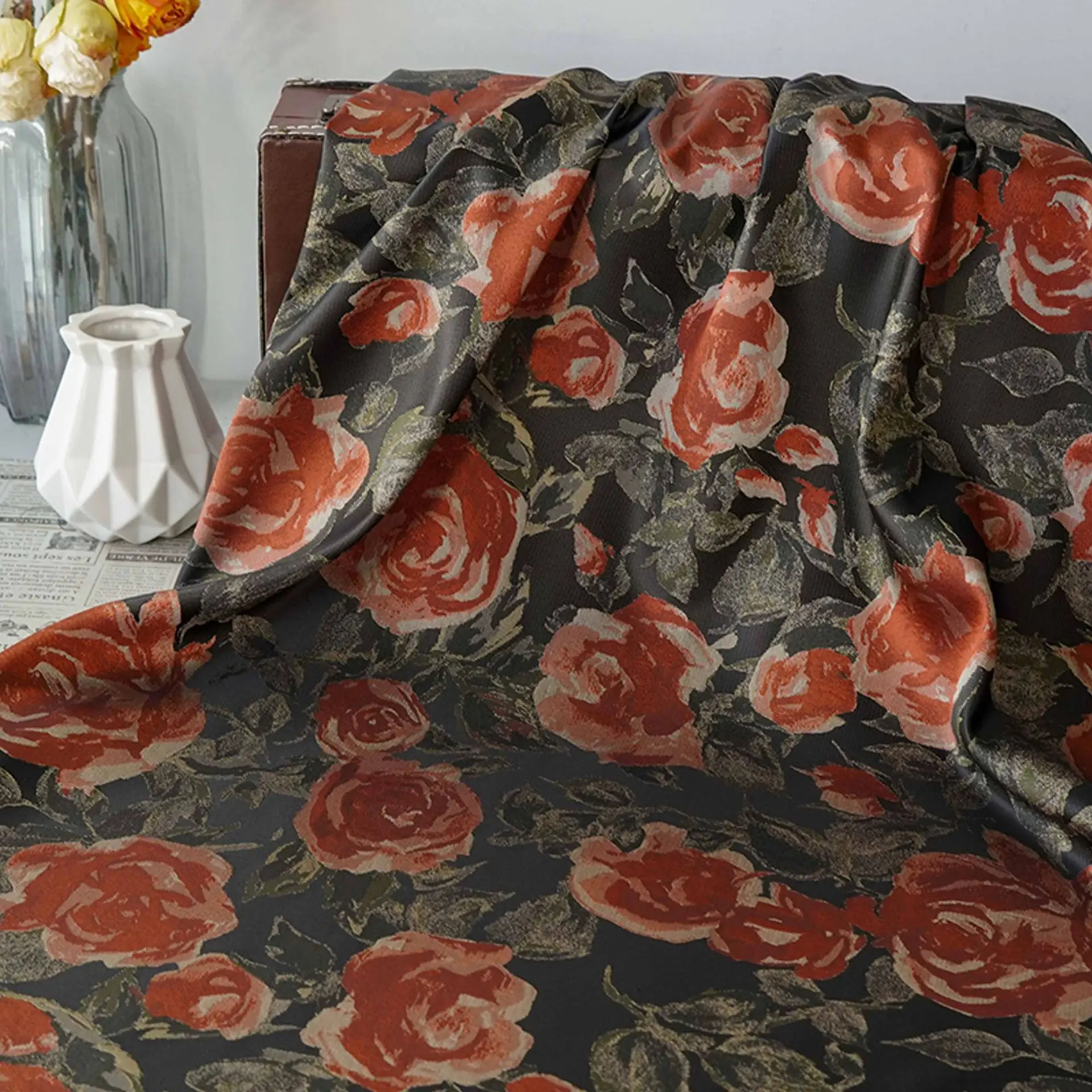 

Oil Painting Style Black Background Rose Jacquard Fabric Retro Dress Jacket Curtain Decorative Sewing Fabric