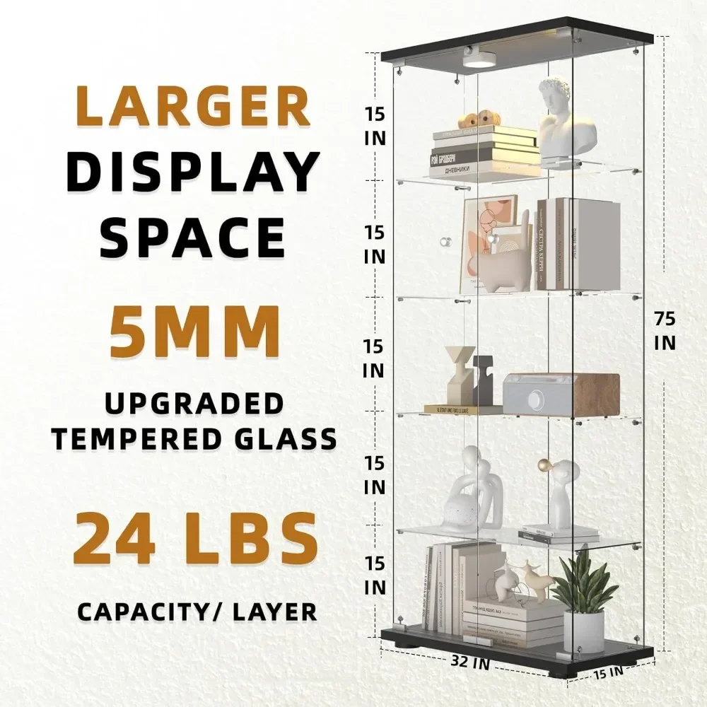 Glass Display Cabinet, 5 Shelves with Doors, 12 Color LED Lights, 5 Mm Tempered Glass, Floor Standing Glasss Bookcase