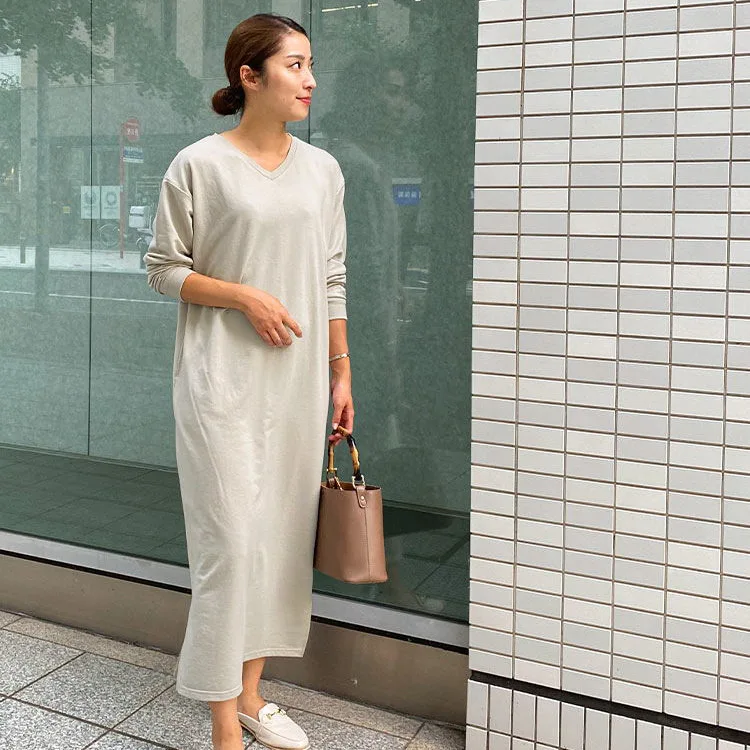 اليابان Rakuten الخريف الشتاء جديد المرأة فستان بفتحة عنق على شكل v فضفاض عادية مريحة الجانب جيب القطن فستان طويل رداء Vestido النساء