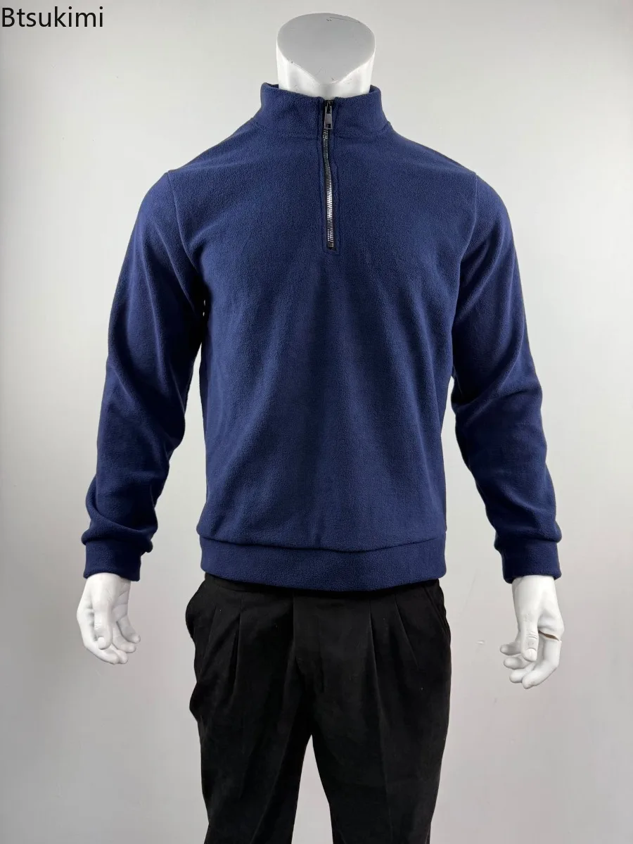 2025 Men's Half Zipper Sweatshirts Solid Long Sleeve Solid Color Pullover Turtleneck Streetwear Winter Warm Jacket Sport Coats