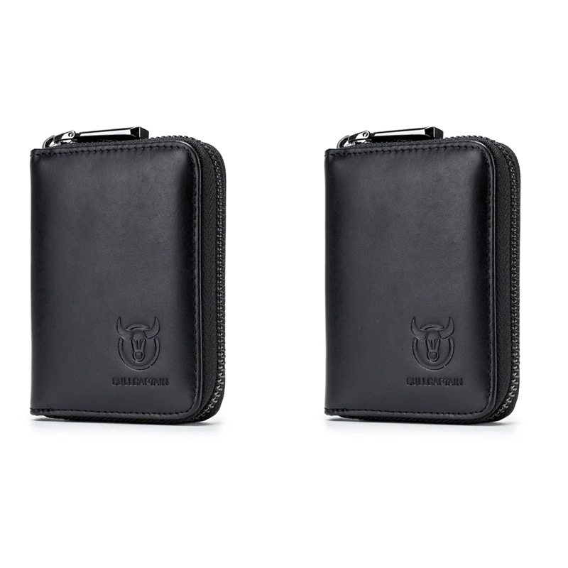 

2X BULLCAPTAIN Leather Men Wallet Card Pack Zipper Card Case Holder Credit Card Bag Short Coin Purse Black