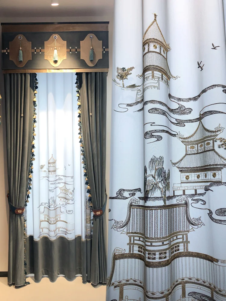 New Chinese Orange Caramel Embroidered Window Screen Velvet Thickened Curtains for Living Room Bedroom French Window Balcony