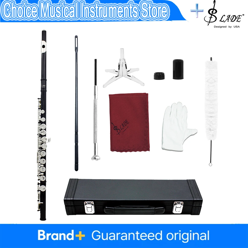 Flauta transversal SLADE negra de 16 llaves cerradas en Do para concierto, instrumento de viento de madera profesional con llave de Mi