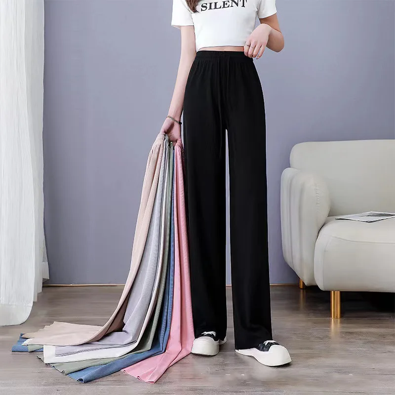 

Women's Summer High Ribbed Wide-Leg Pants Southeast Asia's Best Seller Thin Solid Color Flat Hot Cross-Border Direct Selling