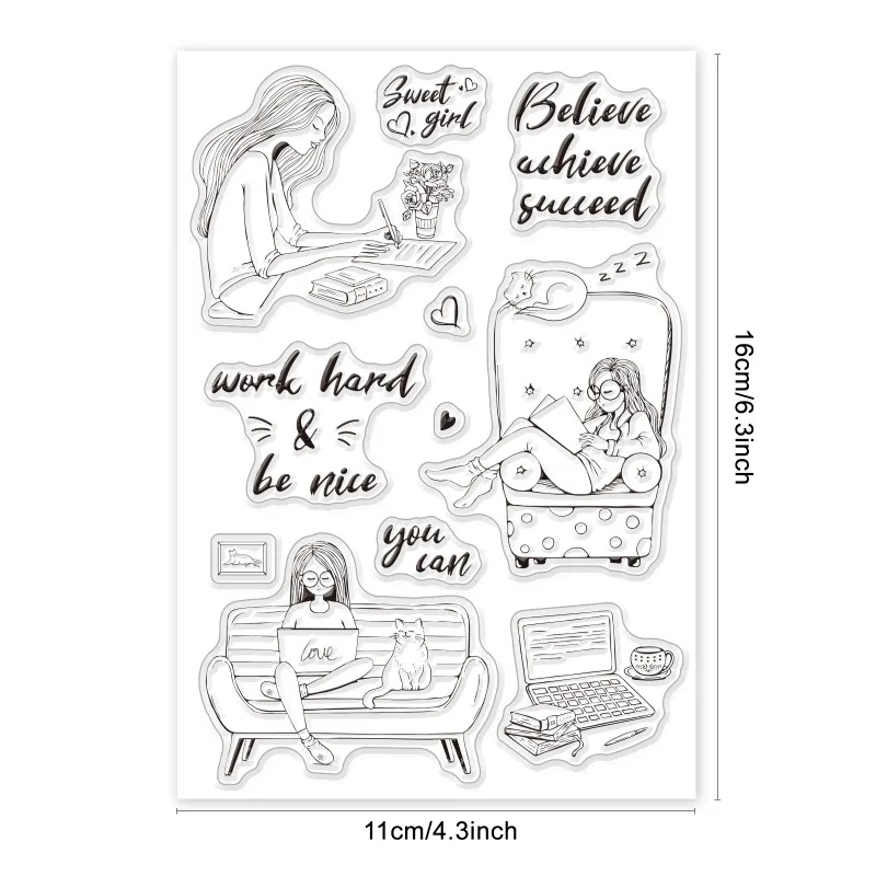 1Sheet Sweet Woman Silicone Clear Stamps Work Hard Book Cat Transparent Stamp for Christmas Birthday Thanksgiving Cards Making