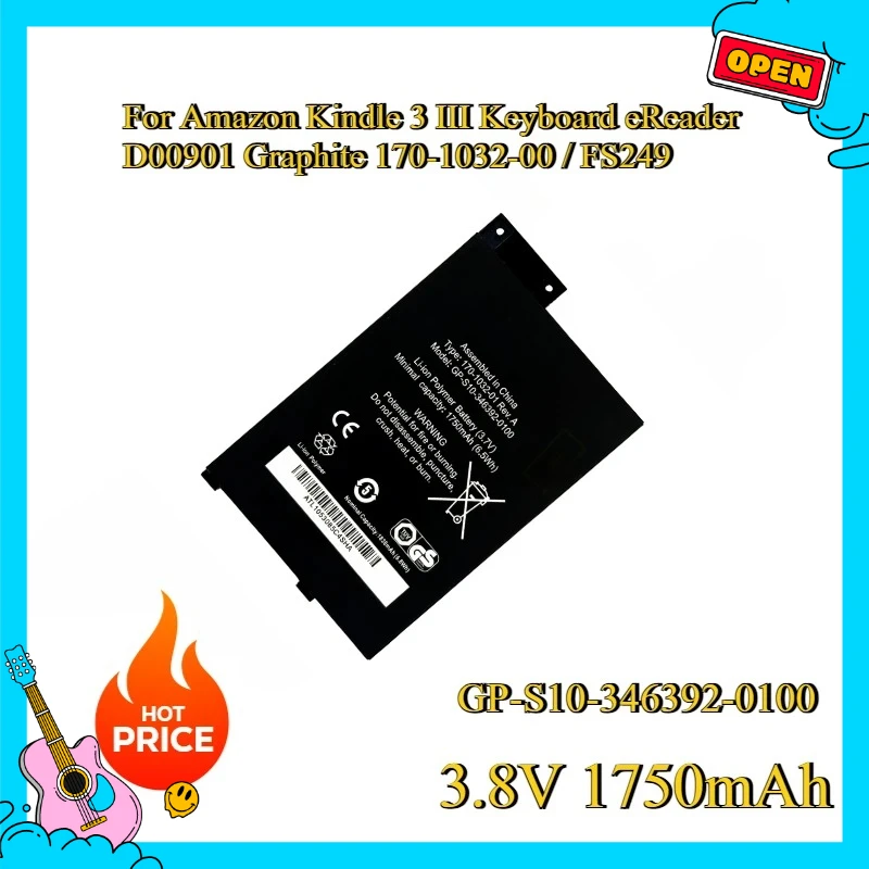 

New 3.8V 1750mAh GP-S10-346392-0100 Battery For Amazon Kindle 3 III Keyboard eReader D00901 Graphite 170-1032-00 / FS249