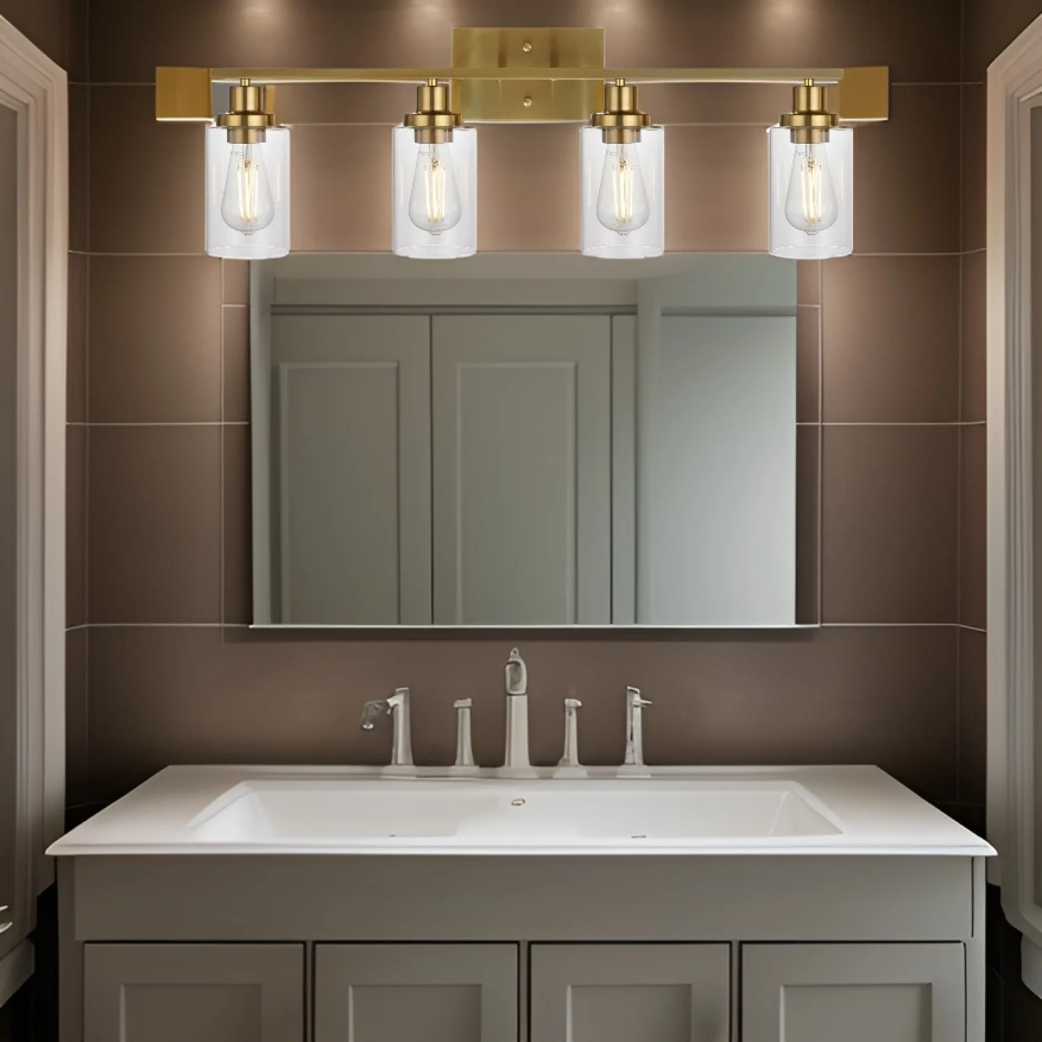 

Brushed Gold Vanity Lights Wall Sconce 4-Light, Bathroom Light Fixtures with Clear Glass Shade Wall Lights